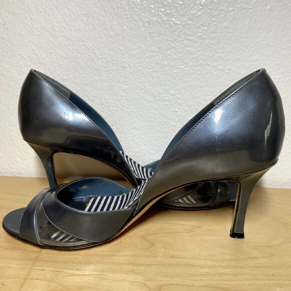 Manolo Blahnik Heels Open Toe Pump Patent Leather Double Strap Chrome Gray 7.5 - Picture 2 of 5